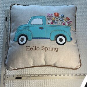 Hello Spring pillow truck with flower appliqué embroidery aqua white stripe back